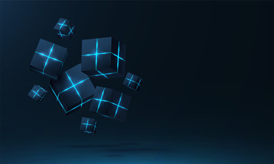 Vector realistic 3d cubes with neon parts compose on dark space background