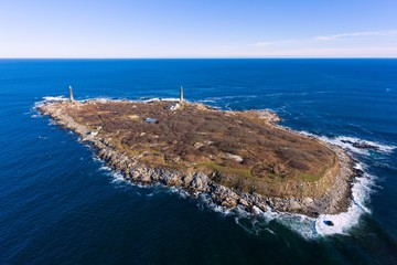 Aerial view of Thacher Island Lighthouse on Thacher Island, Cape Ann, Massachusetts, USA. Thacher...