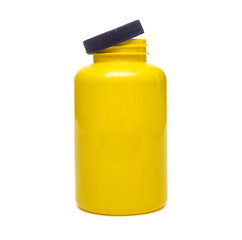 Blank yellow bottle. Sports nutrition.