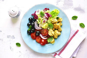 Vegetable salad with chicken.Top view.