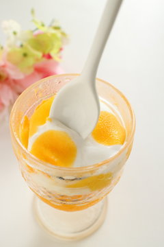 Homemade mango and vanilla ice cream in glass for gourmet dessert image