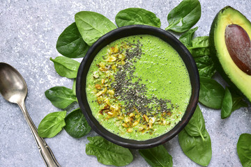 Green smoothie bowl.Top view.