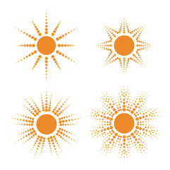 Set of vector sun icons with dotted rays. Star burst set, beams of halftone. Round shapes template, radial circles. Projectors, soffits isolated on white background.
