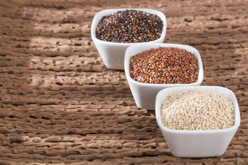 Seeds of white, red and black quinoa - Chenopodium quinoa