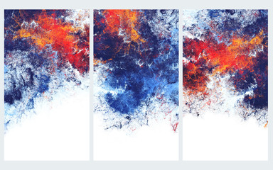 Blaue und rote künstlerische Spritzer. Abstraktes kaltes Malmuster. Helle Textur für kreatives Grafikdesign. Futuristische Set-Hintergründe für Poster, Cover-Booklet, Banner. Fraktale Kunst © Alena