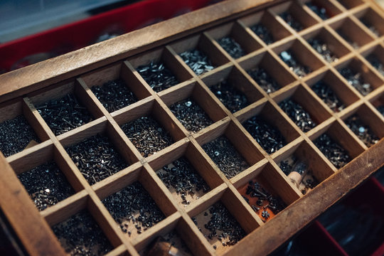 Watchmaker's drawer with various size screws