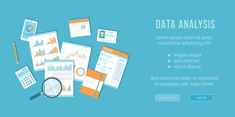 Data analysis concept. Financial Audit, analytics, statistics, strategic, report, management. Magnifying glass over documents with graphs, notebook, calculator, calendar. Vector top view