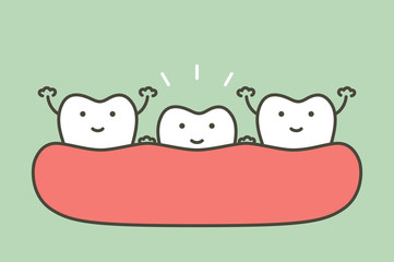 tooth growing up from gum and other teeth are smiling, first tooth concept