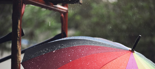  The panorama of Close-up  umbrella in rainbow colors in rainy autumn day, blur focus