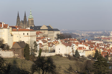Sunny freezy winter Prague City with gothic Castle, Czech Republic