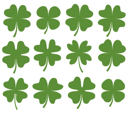 Set of green vector four leaf clover silhouette drawing for icons, cards and for Saint Patrick's day designs