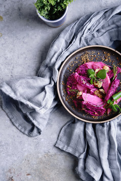 Salt baked beetroot, apple and walnut salad with laban dressing and dukkah