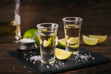 Tequila shot with lime and sea salt