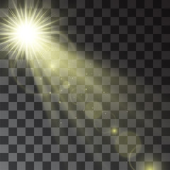 Glowing vector golden spotlight effect, star beams, projector rays with sun shining warm halo. Decorative glittering dust. Sun flare and hotspot design details on transparent background. © Manon Labe