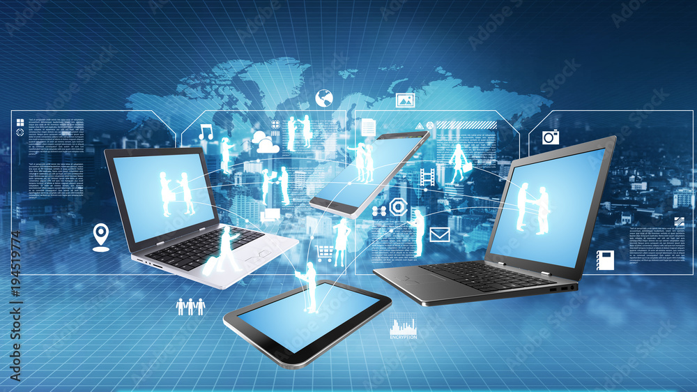 Wall mural internet information technology concept with laptops, tablet and smart phone connected via internet