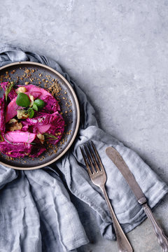 Salt baked beetroot, apple and walnut salad with laban dressing and dukkah