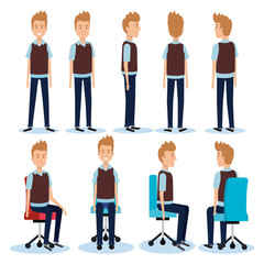 businessmen posing on office chair and stand vector illustration design