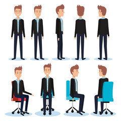 businessmen posing on office chair and stand vector illustration design
