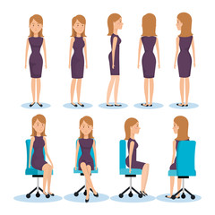 Obraz premium businesswomen posing on office chair and stand vector illustration design