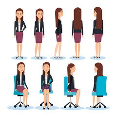 Fototapeta premium businesswomen posing on office chair and stand vector illustration design