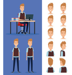 businessman working in the office with set poses characters vector illustration design