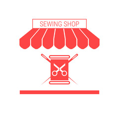 Sewing Shop, Tailoring Workshop Single Flat Vector Icon. Striped Awning and Signboard