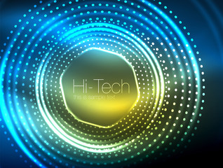 Magic neon circle shape abstract background, shiny light effect template for web banner, business or technology presentation background or elements, vector illustration