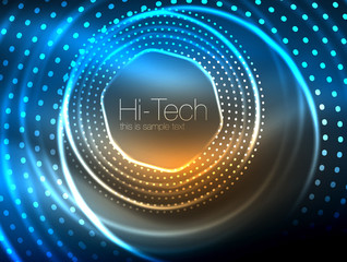 Magic neon circle shape abstract background, shiny light effect template for web banner, business or technology presentation background or elements, vector illustration