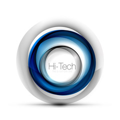 Digital techno sphere web banner, button or icon with text. Glossy swirl color abstract circle design, hi-tech futuristic symbol with color rings and grey metallic element