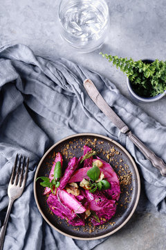 Salt baked beetroot, apple and walnut salad with laban dressing and dukkah