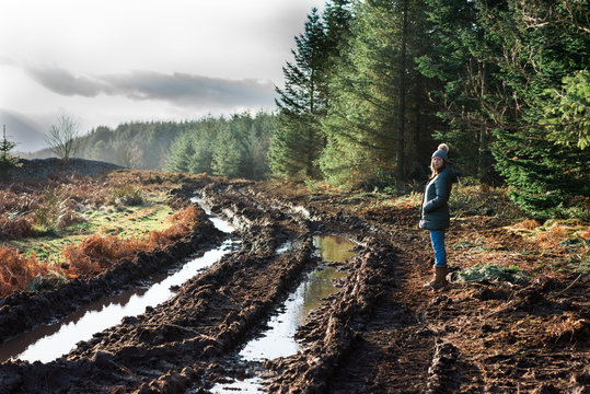 Woman hiking in the forest comes to an obstacle on her path.