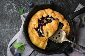 Homemade skillet baked Blueberry Galette overhead view