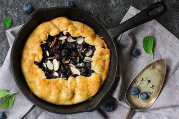 Homemade skillet baked Blueberry Galette overhead view