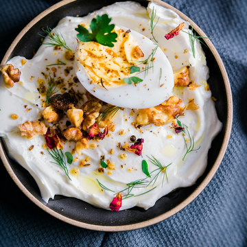 Labneh with dukkah and egg.