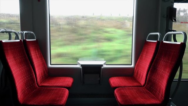 Traveling by train. Empty train compartment.
