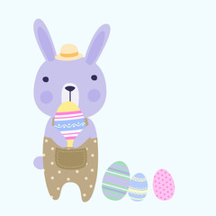 Cute Pastel Easter Rabbit Holding an Easter Eggs, Simple Vector Style.