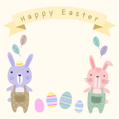 Happy Easter Card Template with Pastel Cute Couple Bunny, Flat Vector Style.
