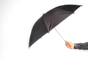 hand holding umbrella isolated on white background