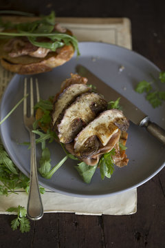 Boletus mushroom and ham sandwich