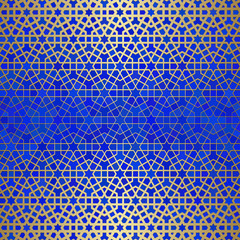Abstract background with islamic ornament, arabic geometric texture. Golden lined tiled motif.