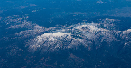 Snow on top of the mountain in Japan. Aerial View