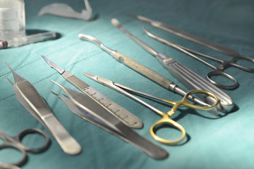 Surgical instruments, silicone nasal implant in operating room.