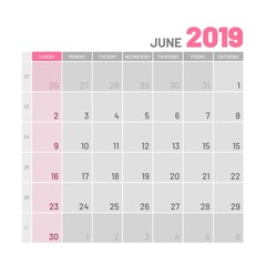 Practical light-colored planner, 2019, June, flat. Useful calendar for taking every day notes. Vector illustration