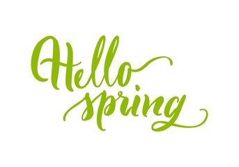 Card lettering, hello spring, green, flat. Greeting inscription for season of year, happiness, renewal, growth, energy. Vector illustration