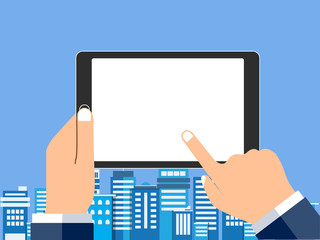 Hand of businessman holding tablet or smartphone touching with bank screen on cityscape backgroud. Technology concept. Internet of things concept. flat design and copy space.