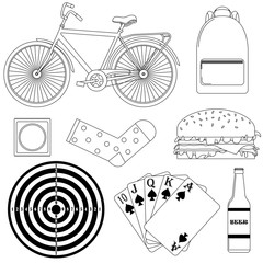 Set of vector illustrations - men's way of life.  Black-and-white line art.