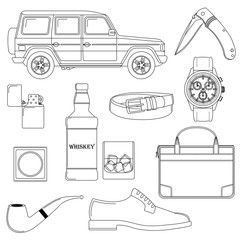 Set of vector illustrations - men's way of life.  Black-and-white line art.