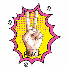 Number two hand make peace sign with pop art background