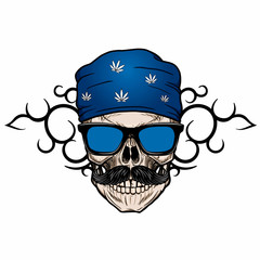 biker hipster skull wearing bandana with tribal background