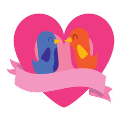 lovely couple birds inside heart ribbon decoration vector illustration